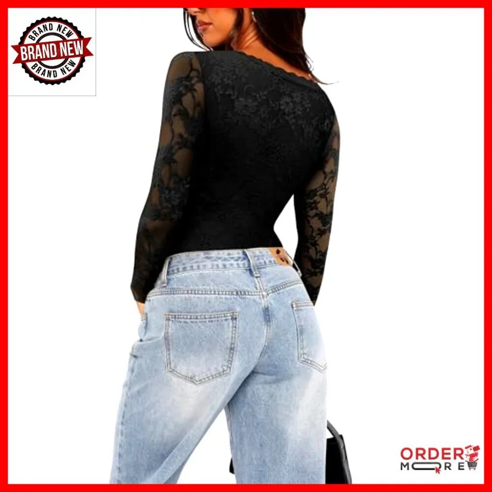 Long Sleeve Lace Bodysuit with Snap Button, V-Neck, Double Lined